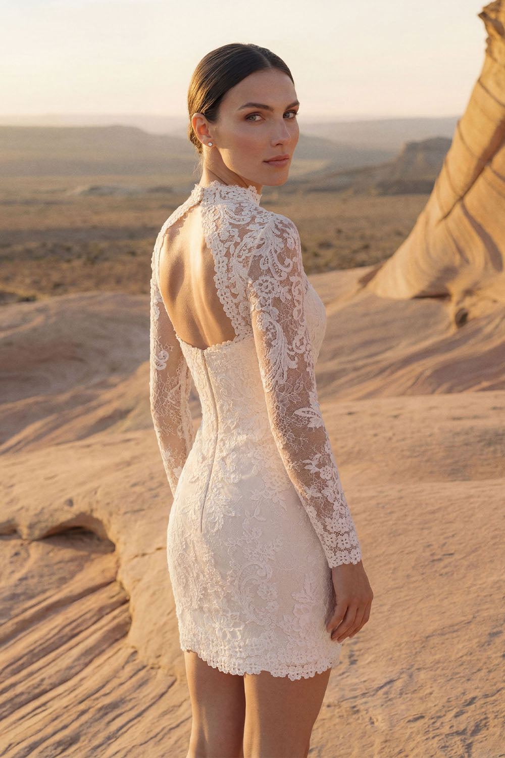 Pronovias, Skyren, High-Neck Lace Mini Dress | Esposa
