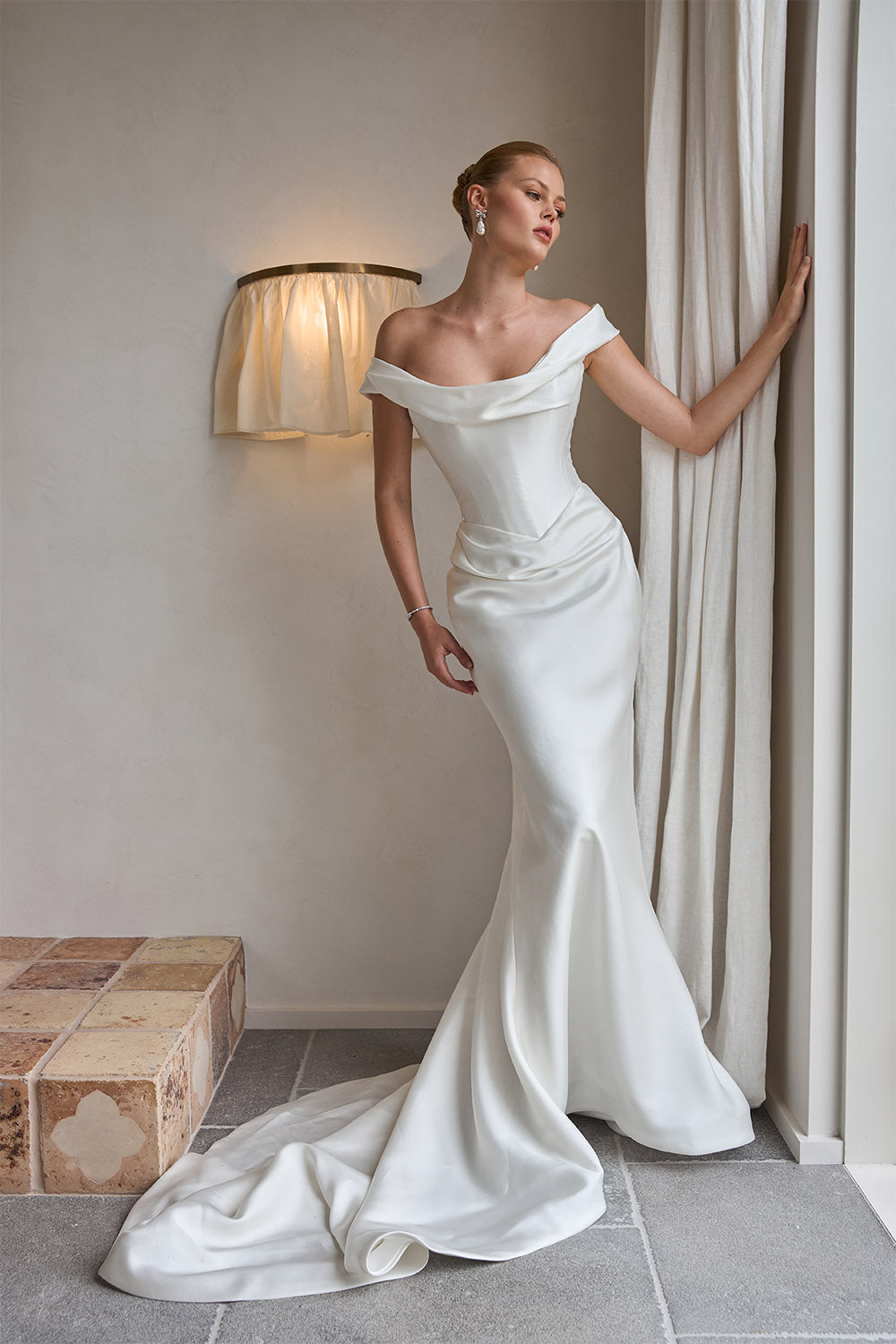 Steven Khalil, Martina, Draped Off-Shoulder Satin Mermaid Gown | Esposa