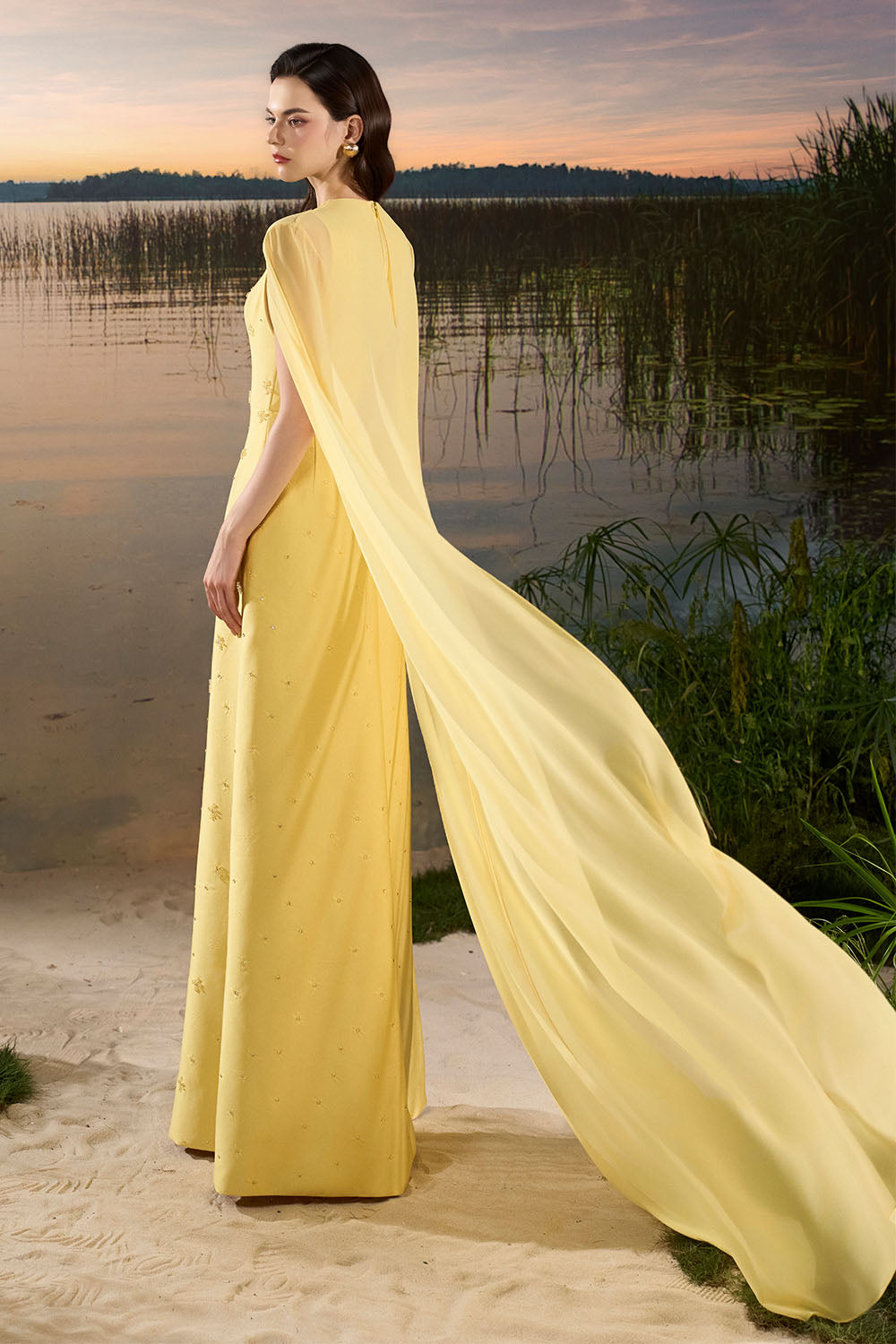 Tracy Studio, Embellished Deep V Cape Evening Gown