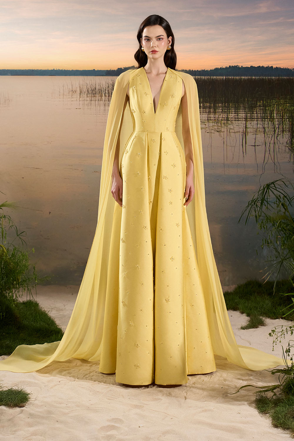 Tracy Studio, Embellished Deep V Cape Evening Gown