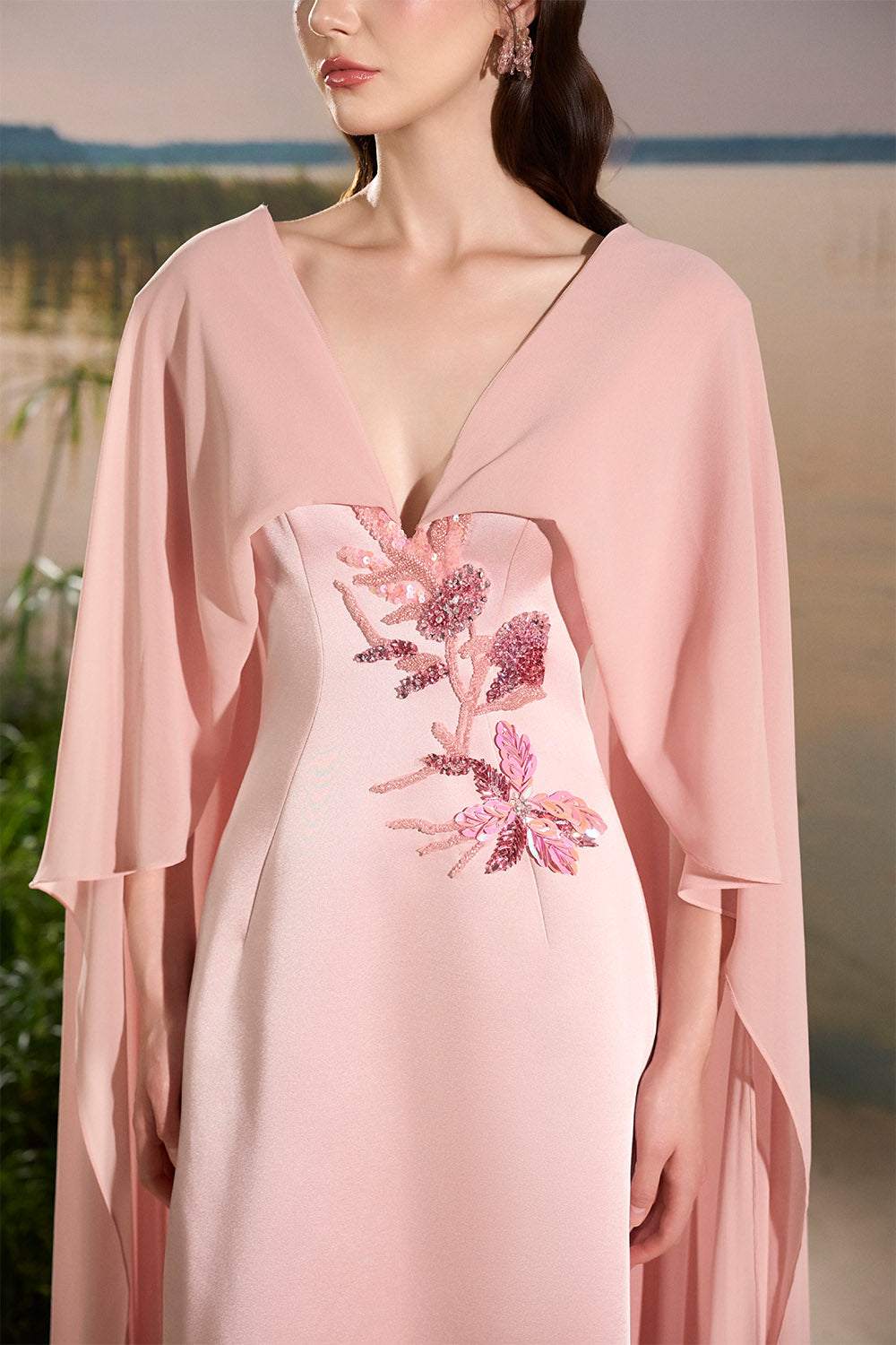 Tracy Studio, Floral Appliqué Cape Evening Gown | Esposa