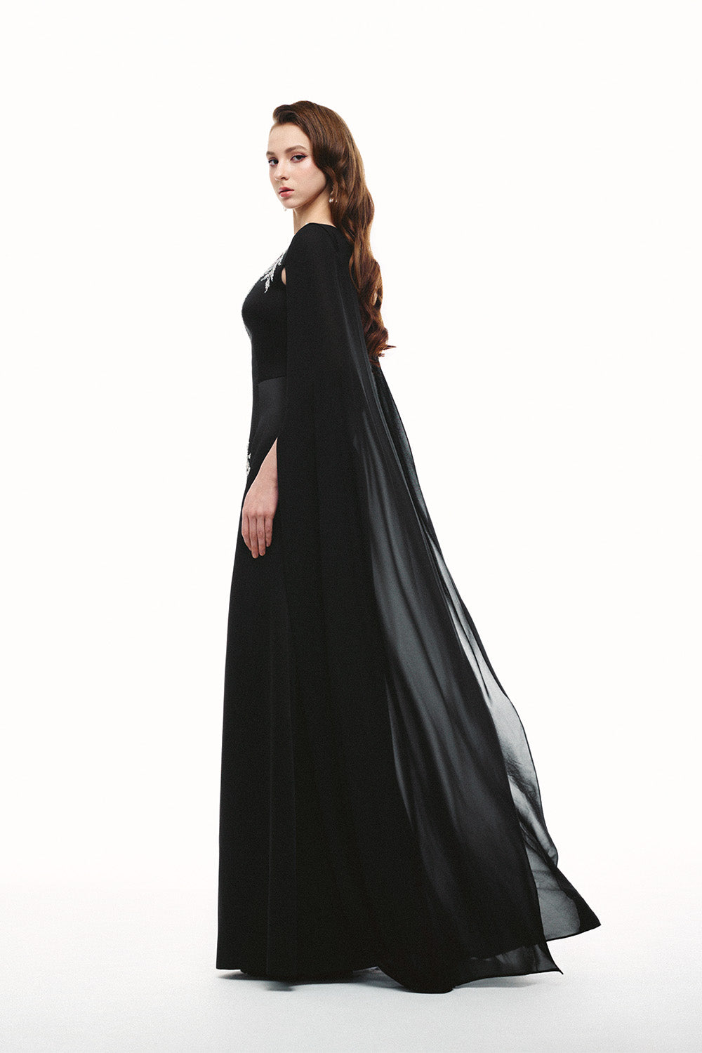Tracy Studio, Embroidered Botanical Cape Gown | Esposa