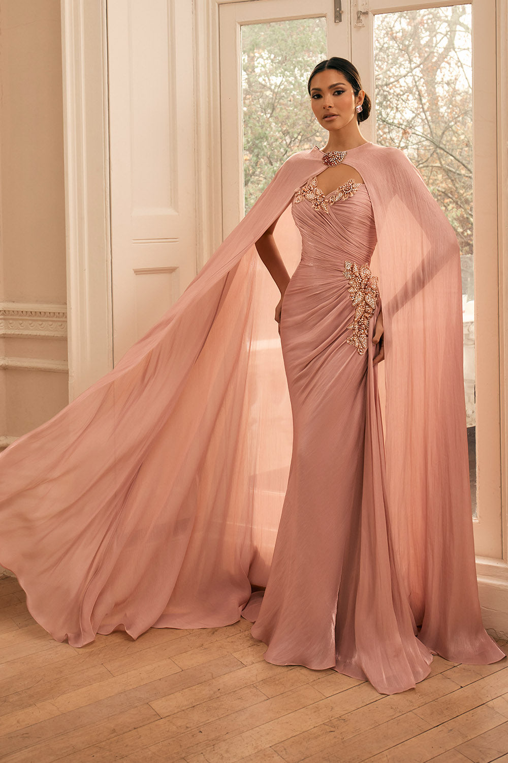 Veni Infantino, Crystal Embellished Draped Cape Gown | Esposa