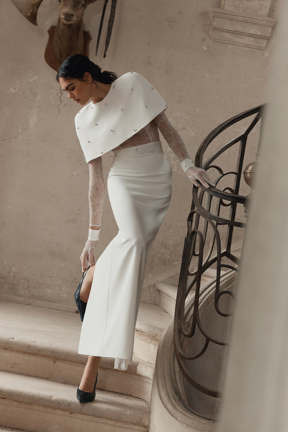 Wona Concept, Soho, Chic Embellished-Cape Midi Bridal Dress | Esposa