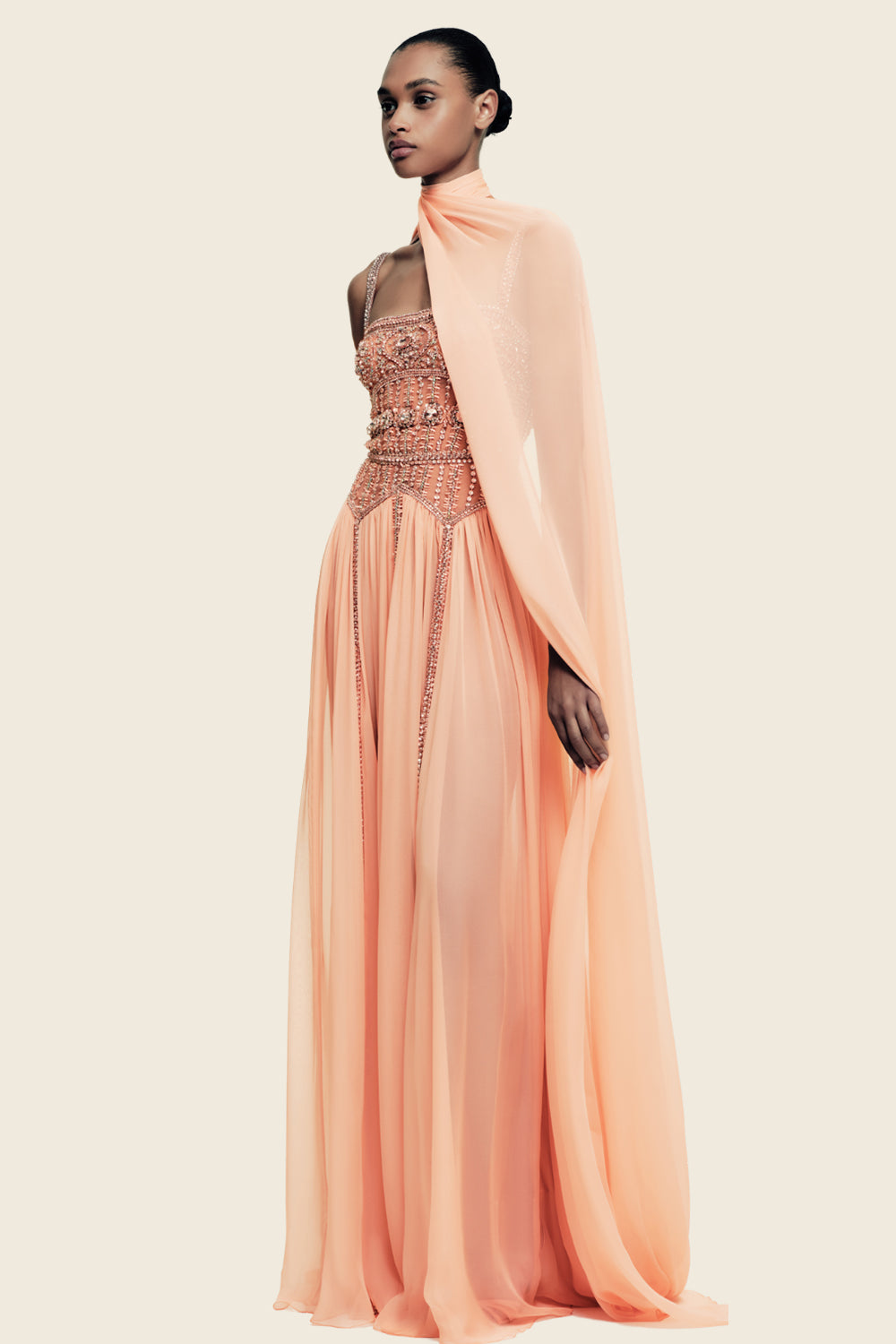 Zuhair Murad, Crystal-Embellished Corset Chiffon Cape Gown | Esposa