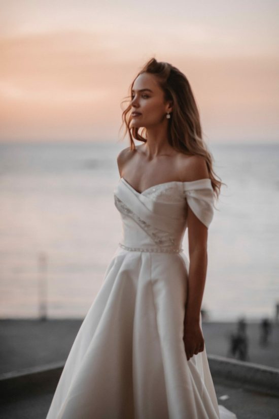 blond girl in bridal gown