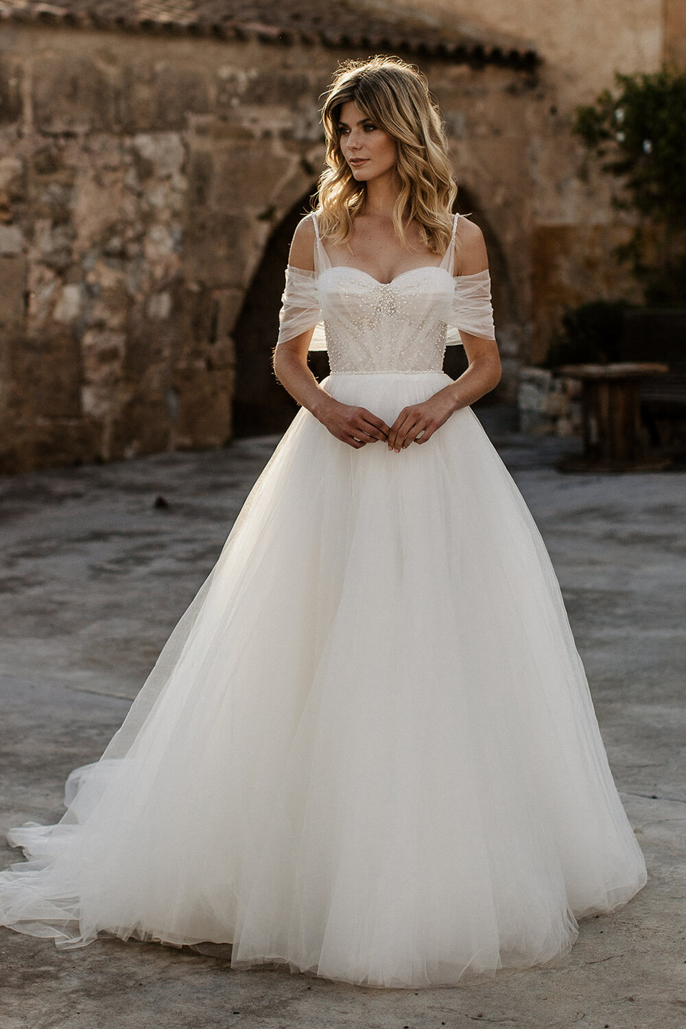 Off the shoulder tulle gown