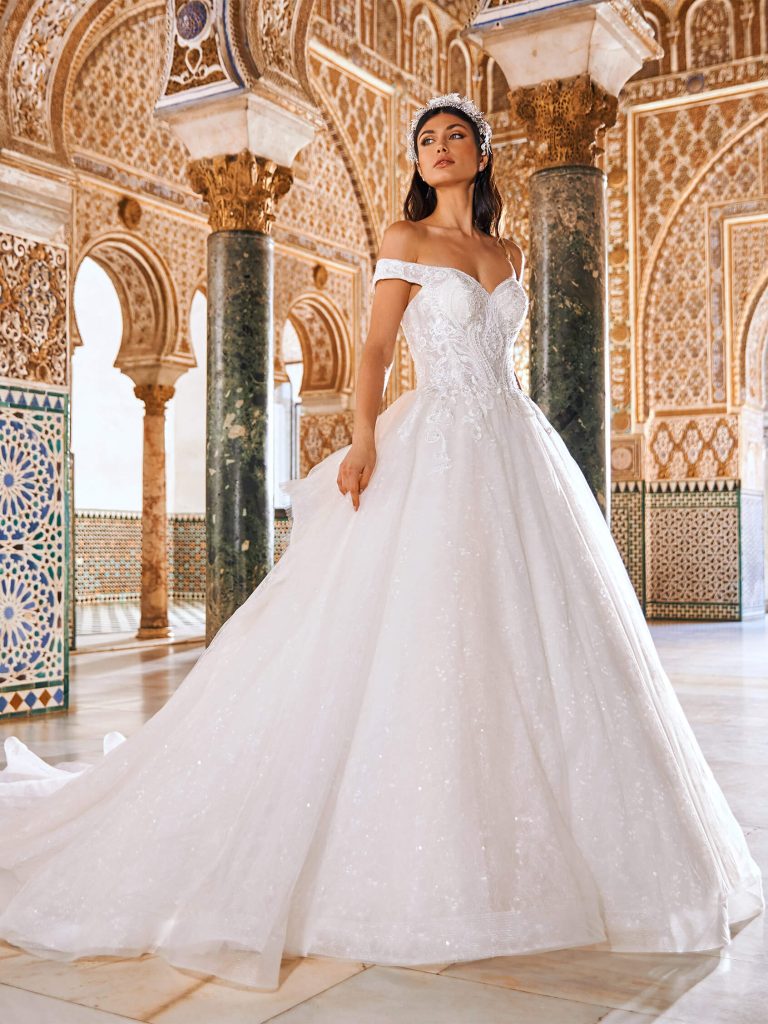 royal off-the-shoulder wedding gown