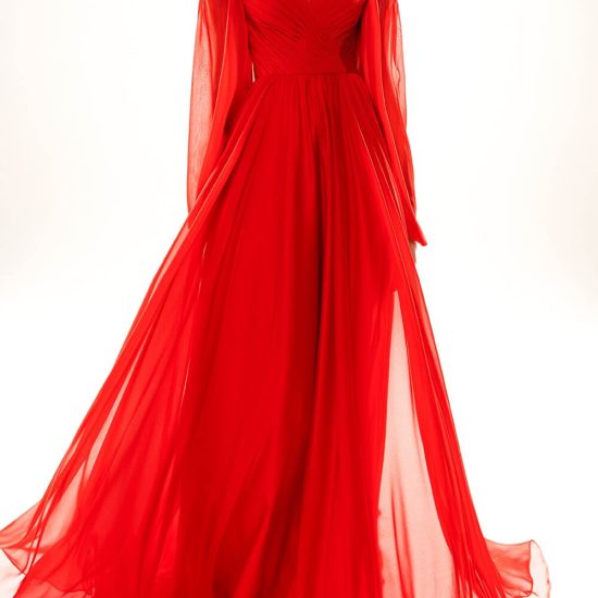 red long evening gown strapless