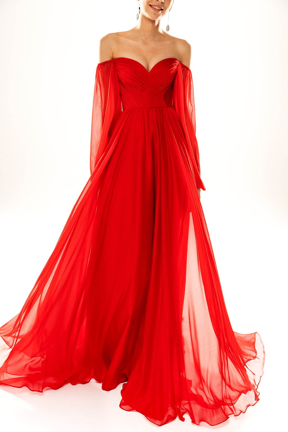 red long evening gown strapless