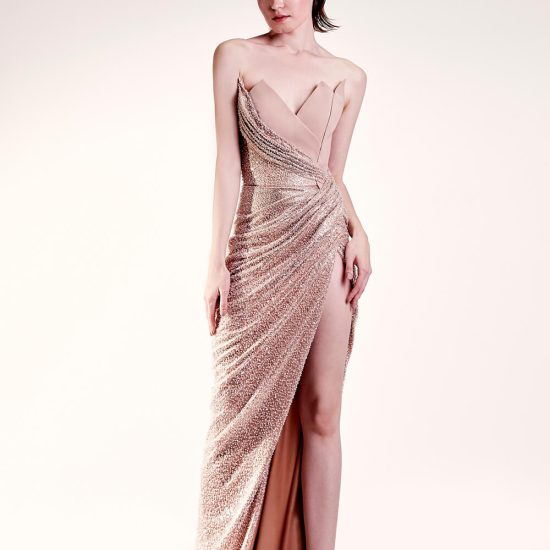 Gold strapless evening gown