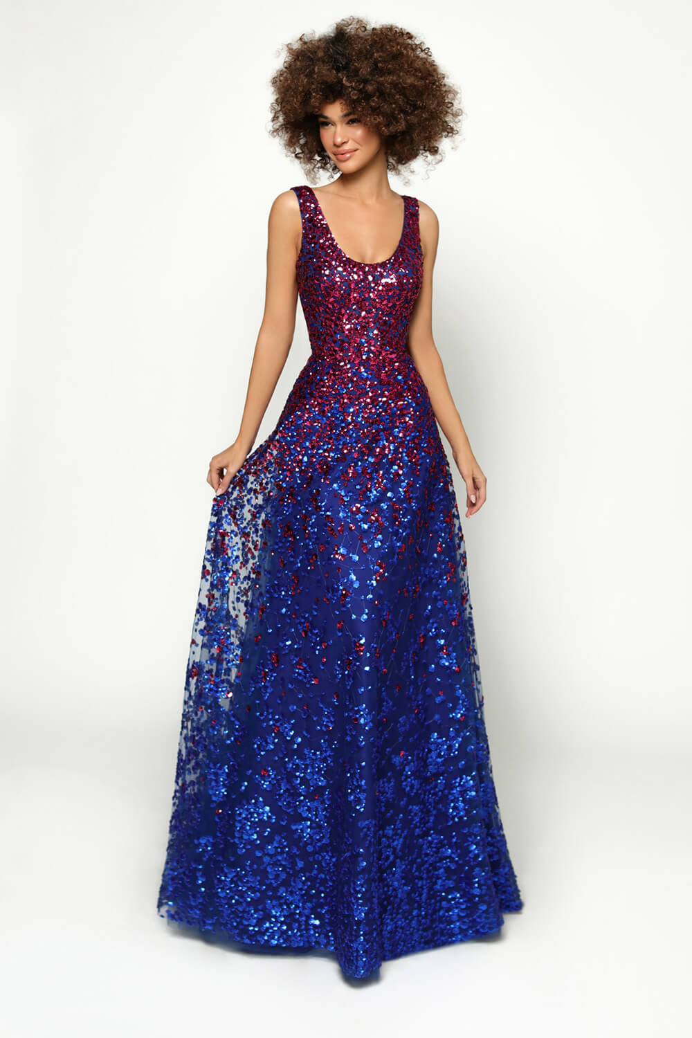 blue and pink glittery evening gown