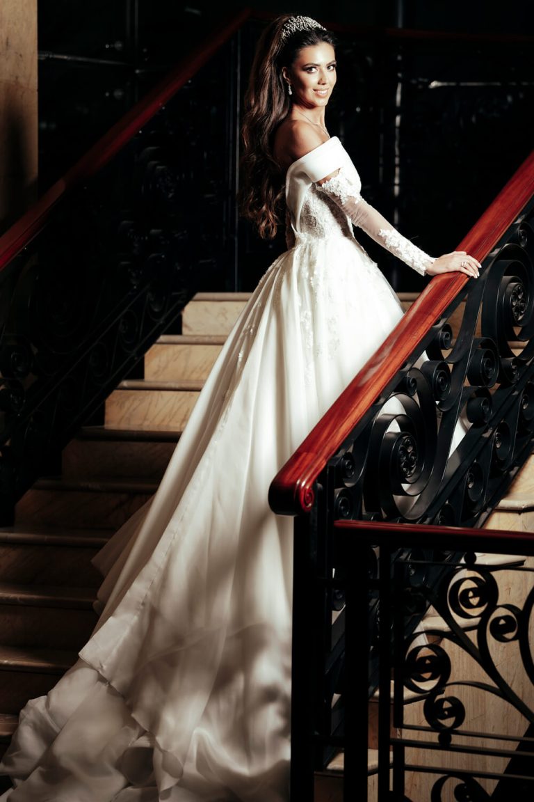 long train dress on stairs