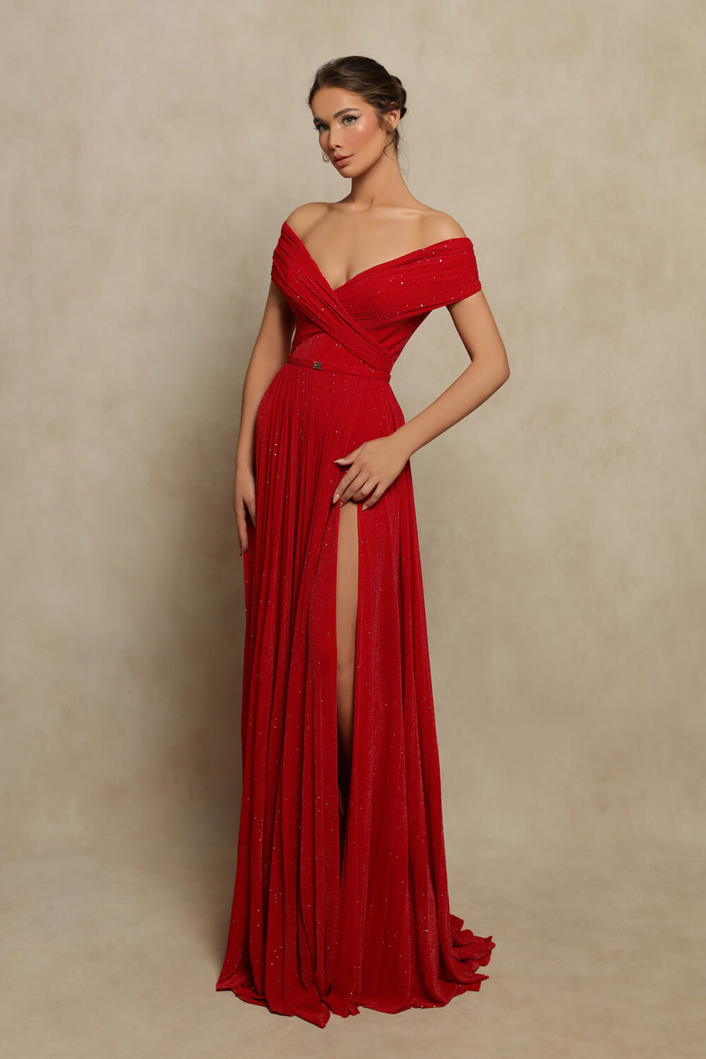 off-the-shoulder red dress