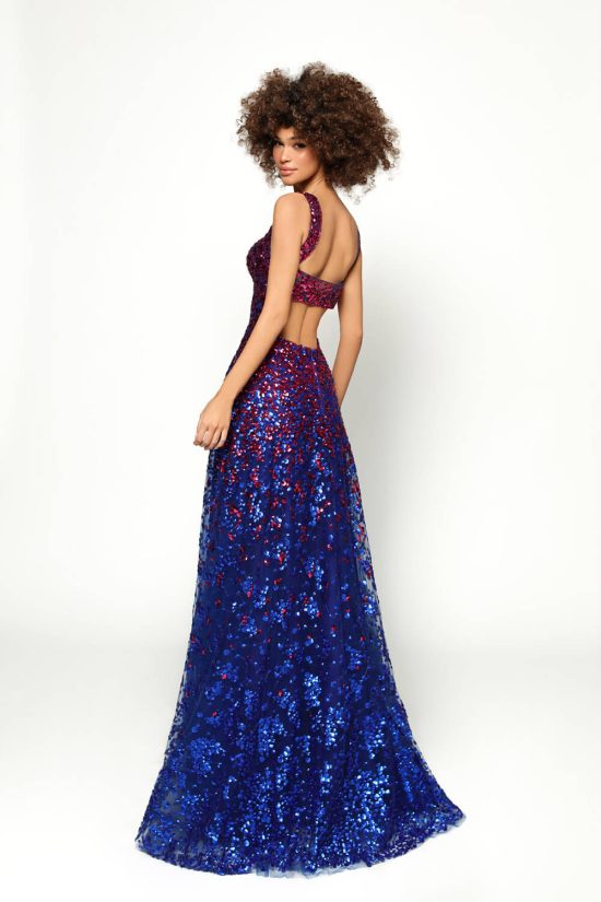 blue and pink sequins dress
