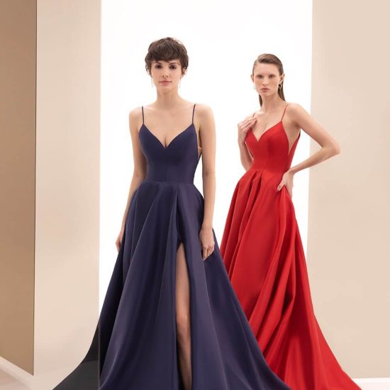 simple evening gown with spaghetti straps and side slit