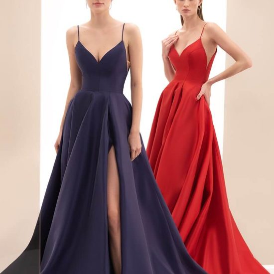 Simple Evening Gown with Spaghetti Straps and Side Slit