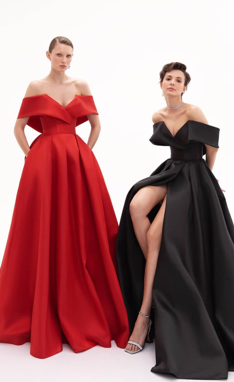 off-the-shoulder evening gown