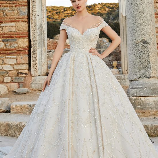 off-the-shoulder illusion bodice gown