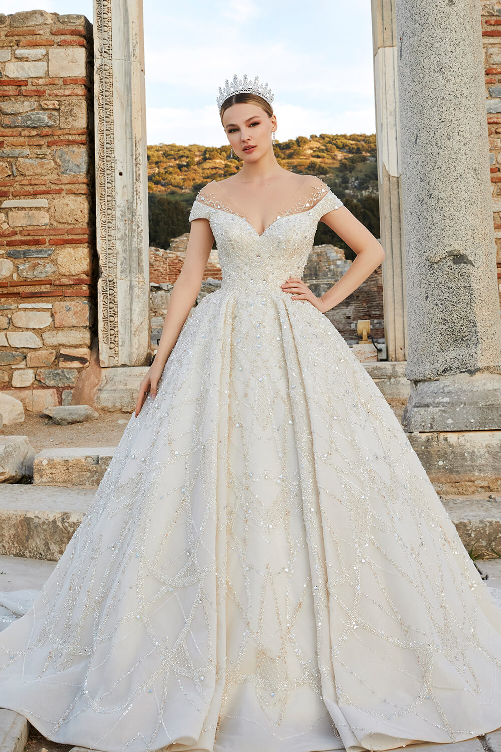 off-the-shoulder illusion bodice gown