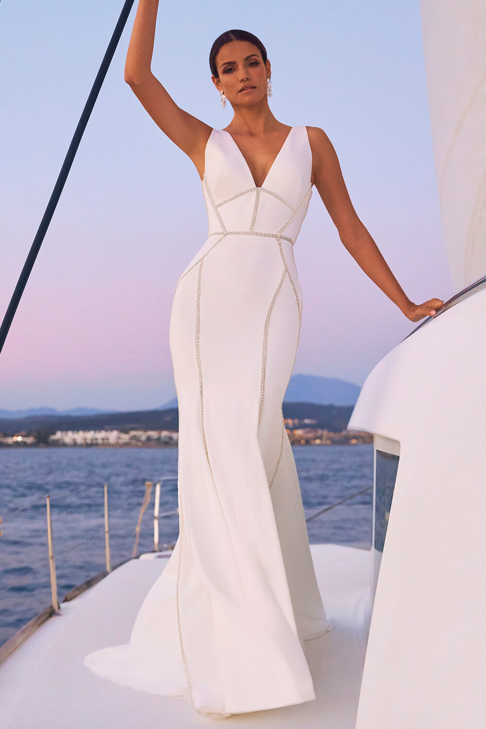 mermaid simple dress on a boat bride