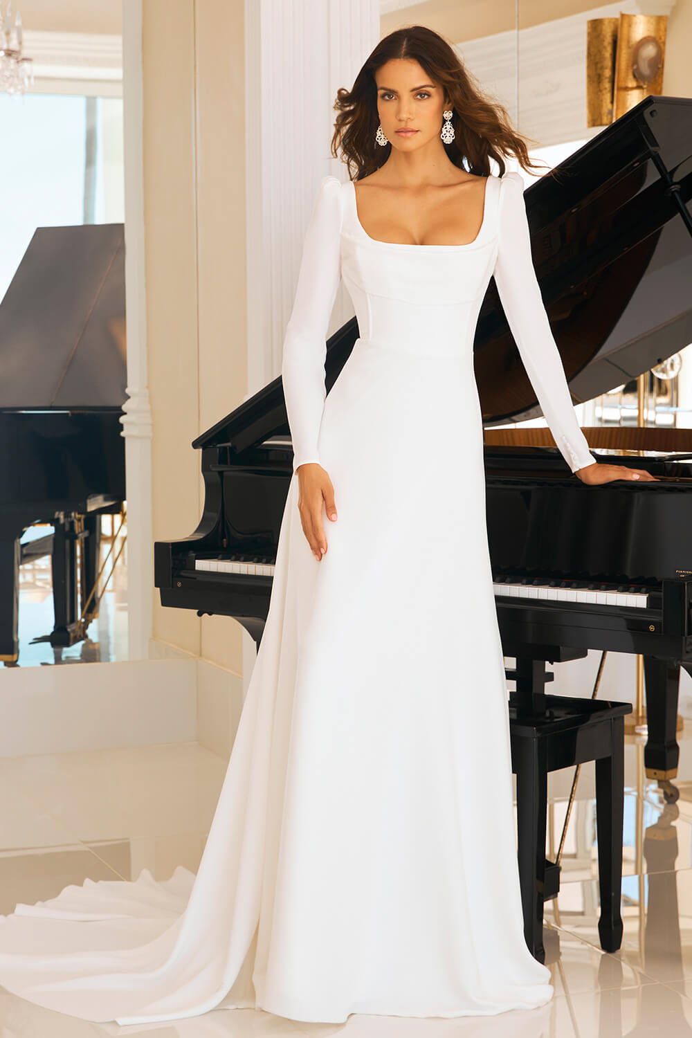 straight wide dress bride on piano