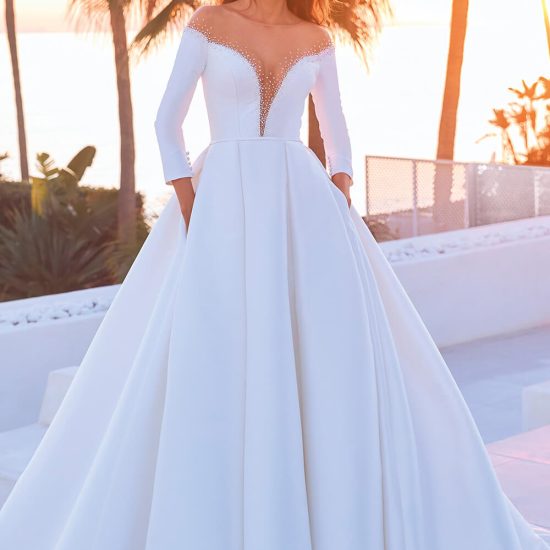 ballgown long sleeve simple off white dress