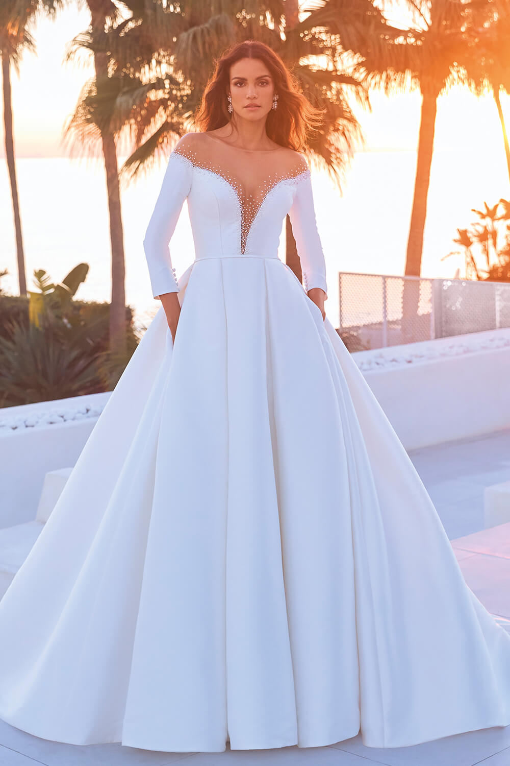 ballgown long sleeve simple off white dress
