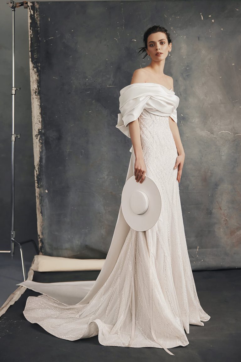 off-the-shoulder gown