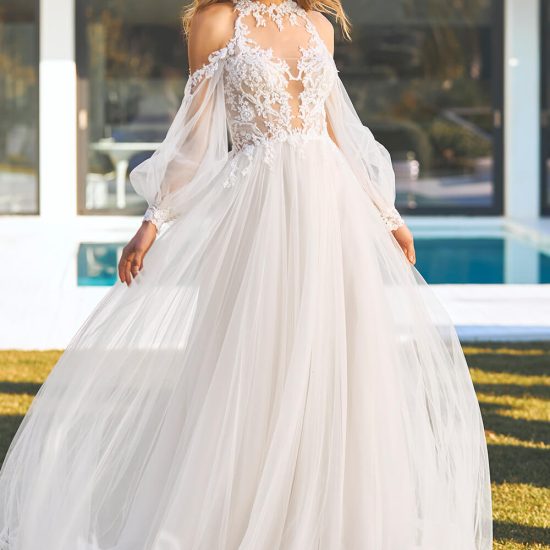 A line bridal gown with off the shoulder sleeves