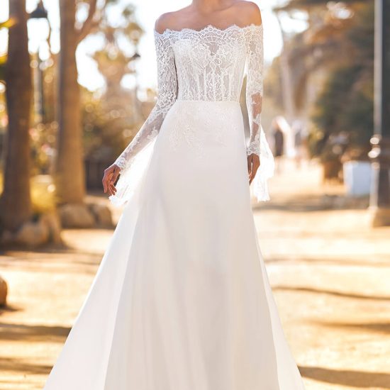 long sleeve off the shoulder off white bridal dress
