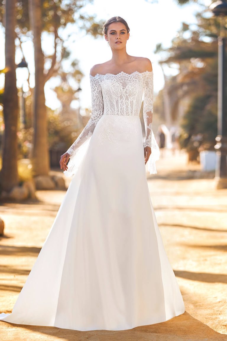 long sleeve off the shoulder off white bridal dress