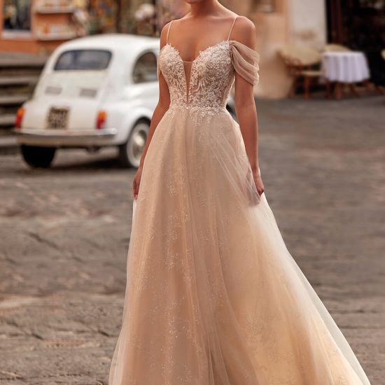 a line off white nude tulle dress