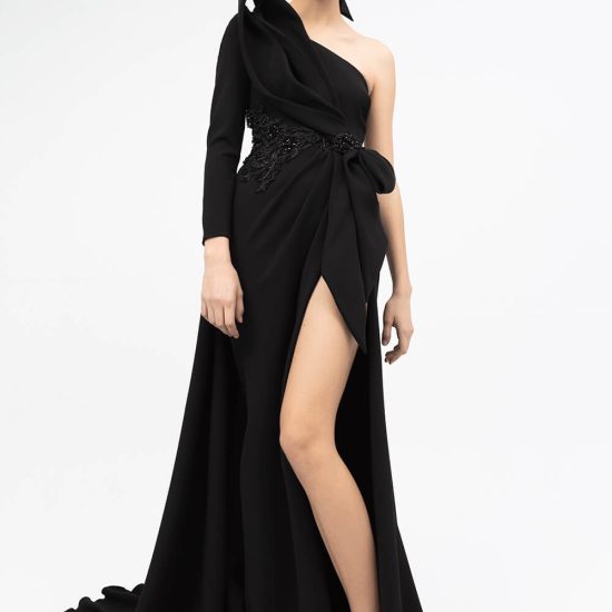 one-shoulder black evening dress