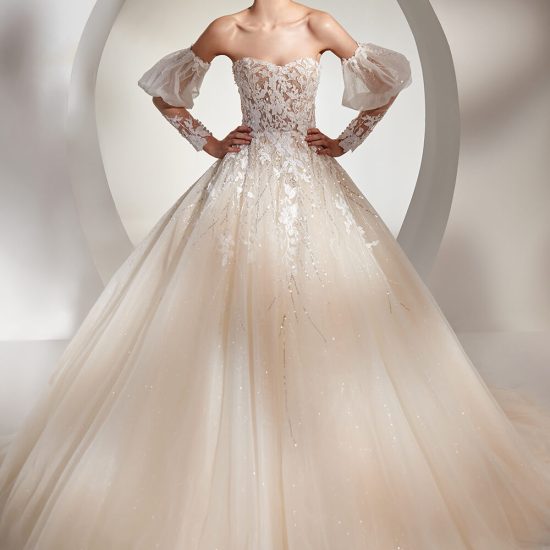 strapless gown with removable long sleeves