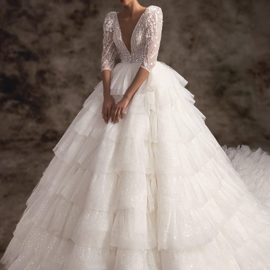 ruffled ball gown with sleeves