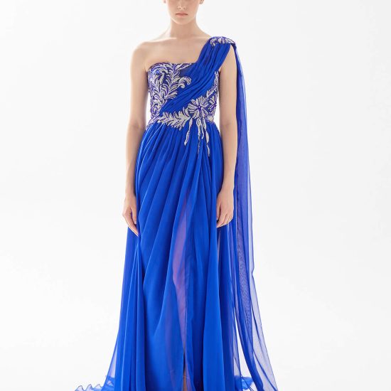 asymmetrical evening gown with beading
