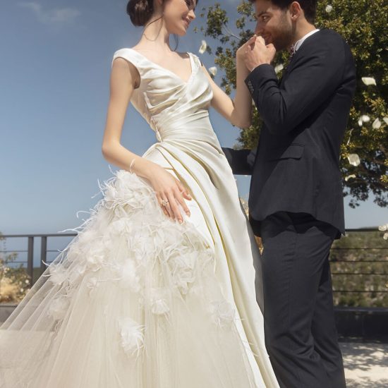 off-shoulder wedding dress with 3D flowers