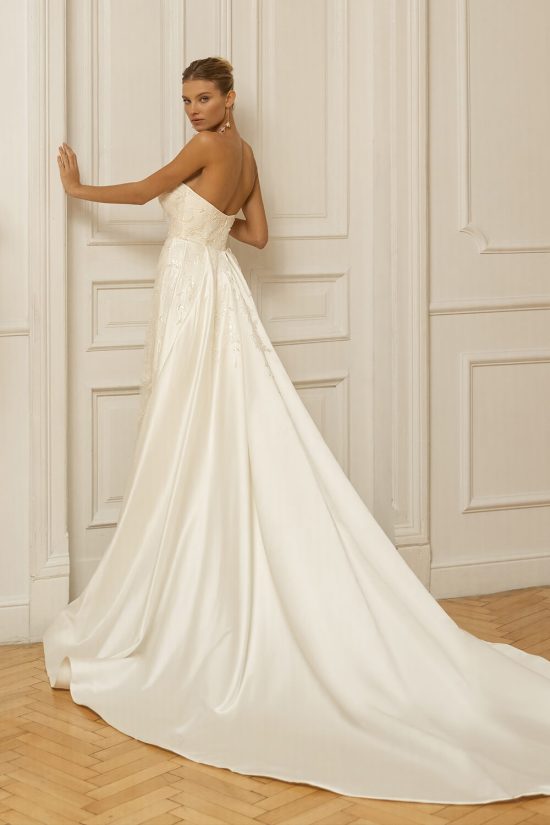 straight wedding dress with over skirt back
