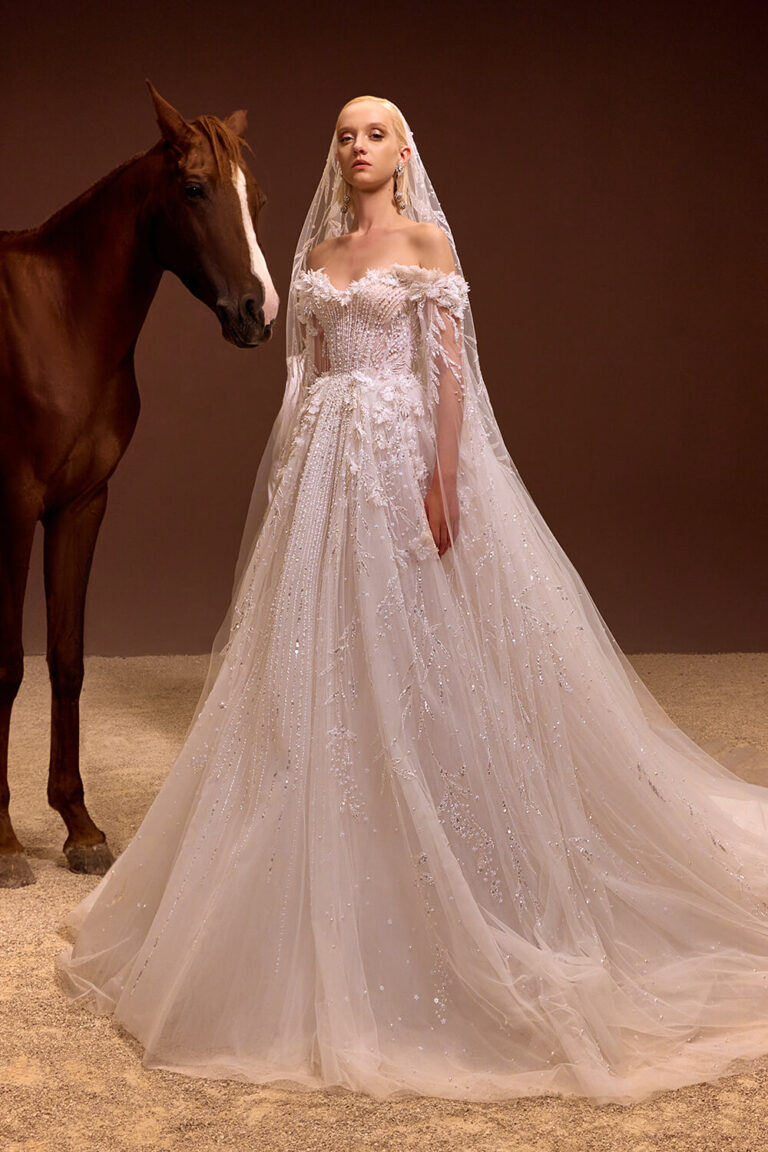 off-the-shoulder wedding gown