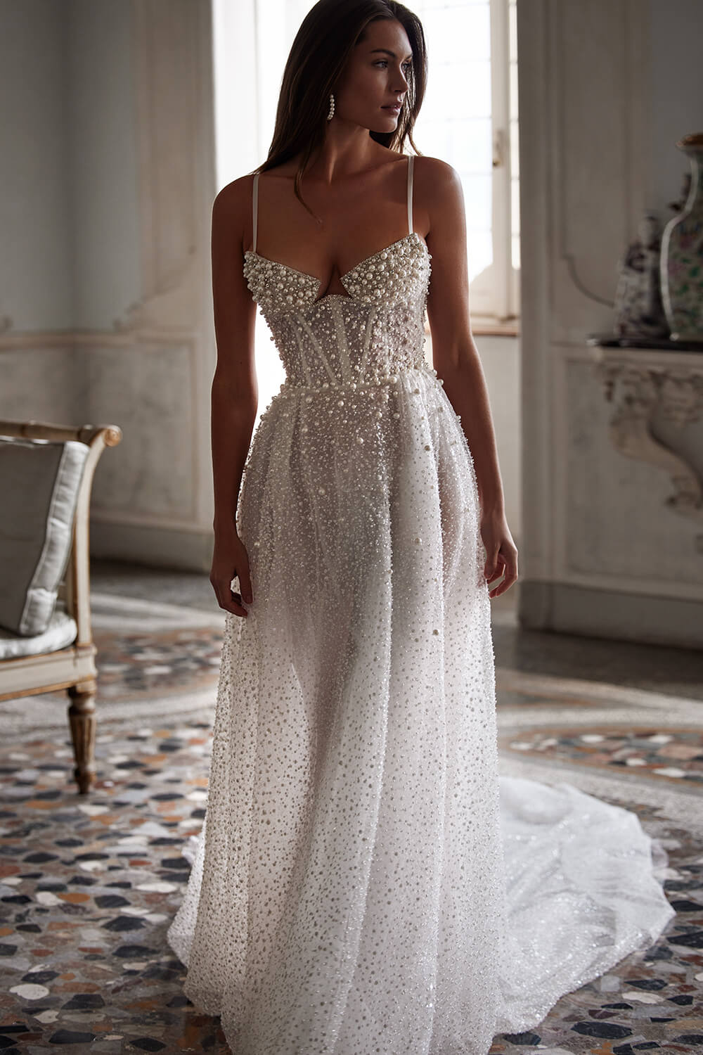 beaded wedding dress with thin straps