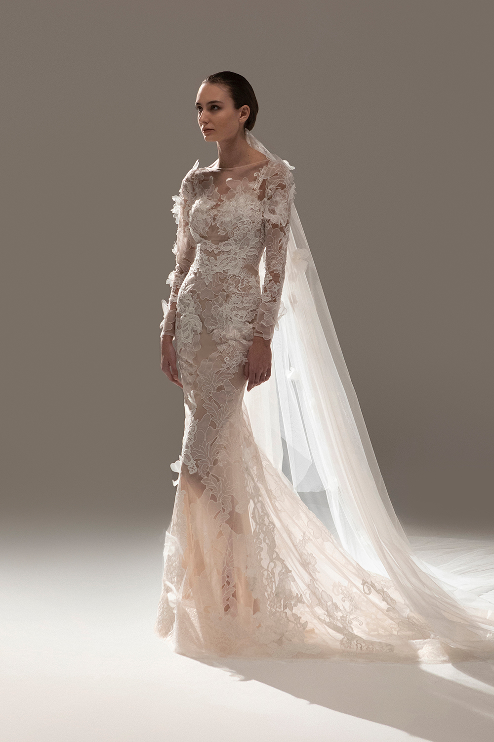 lace long-sleeved mermaid dress with veil