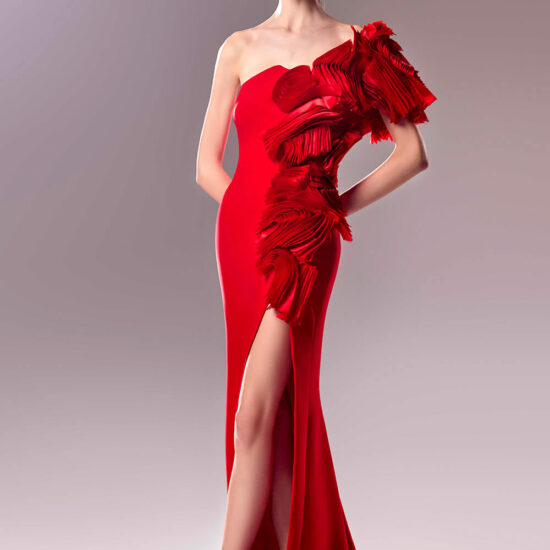 red asymmetrical gown