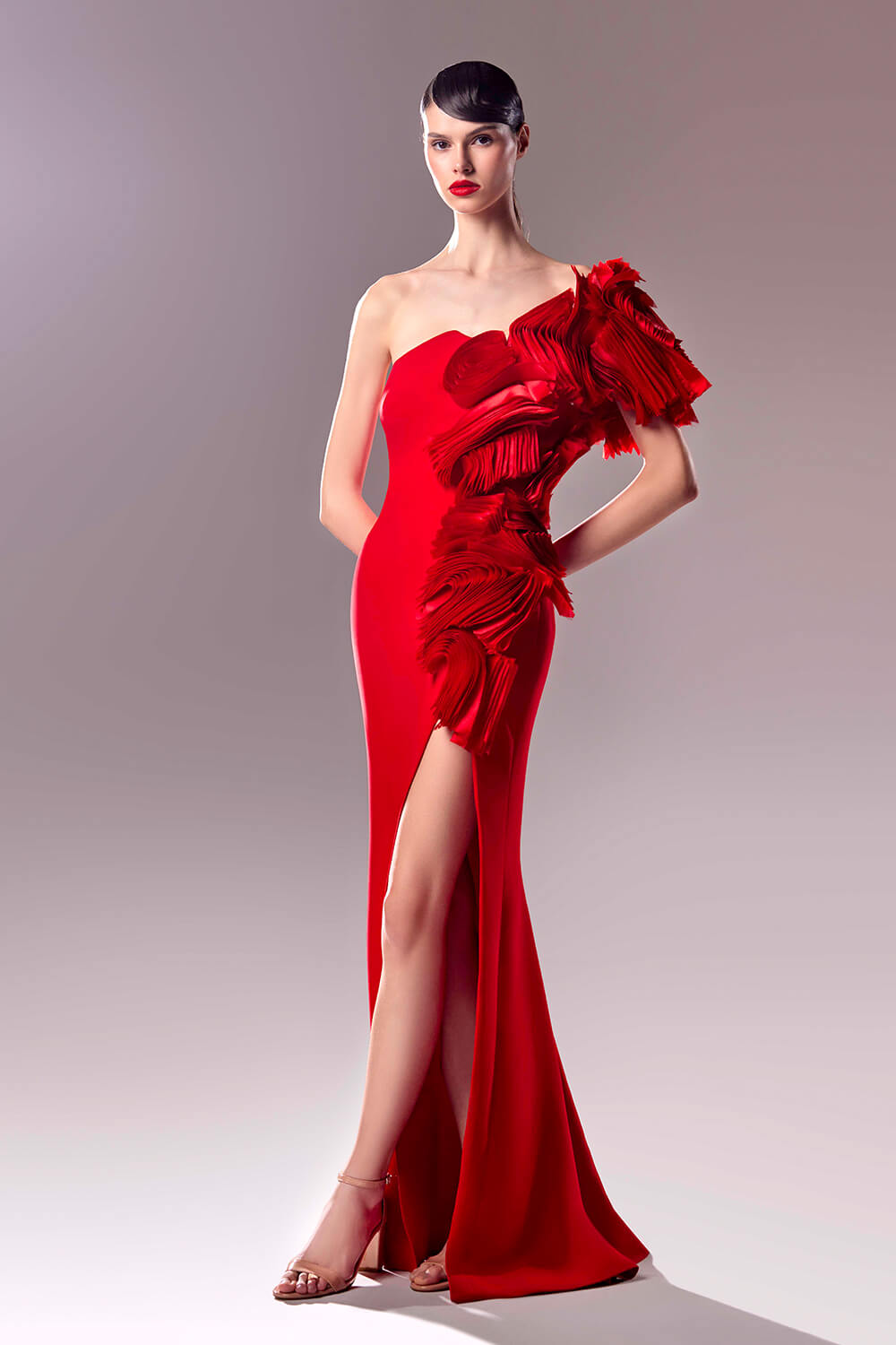 red asymmetrical gown