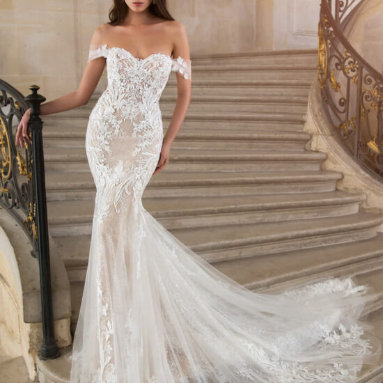 Off-the-shoulder lace gown