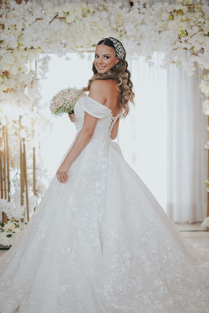 Off-the-shoulders wedding gown