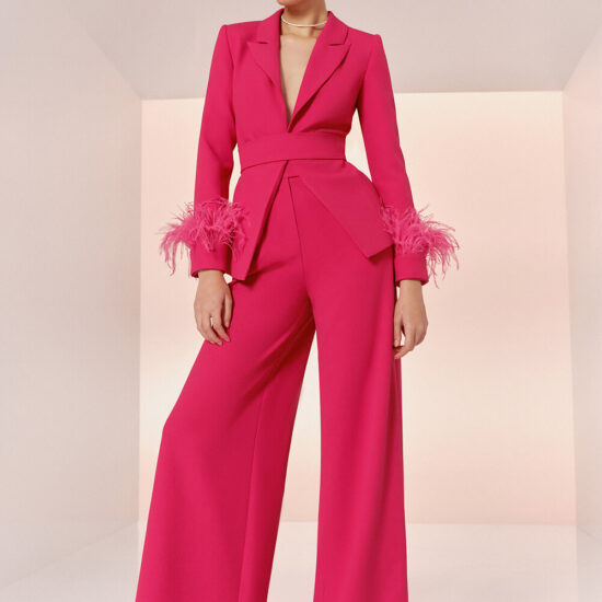 fuchsia suit with feathers