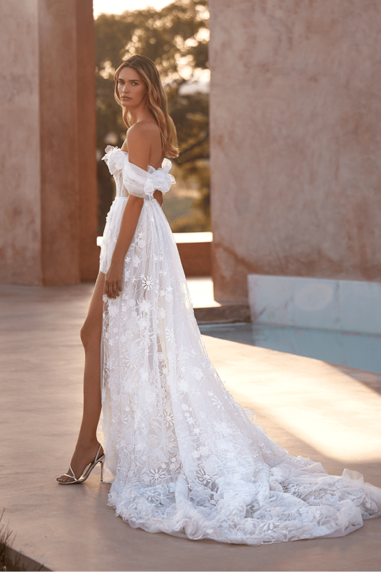 flowering white bridal gown