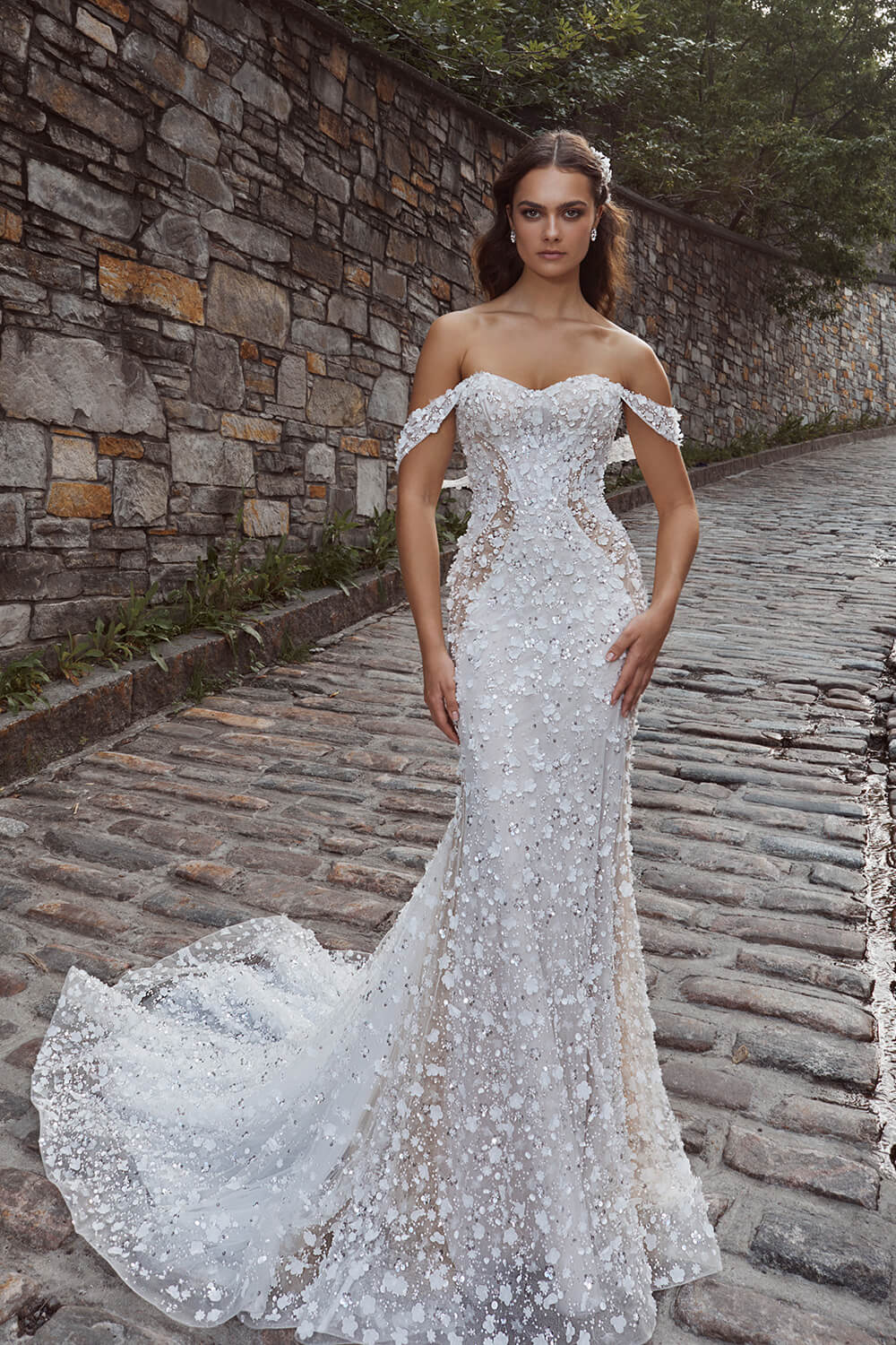 Elegant off the shoulder  beaded wedding dress