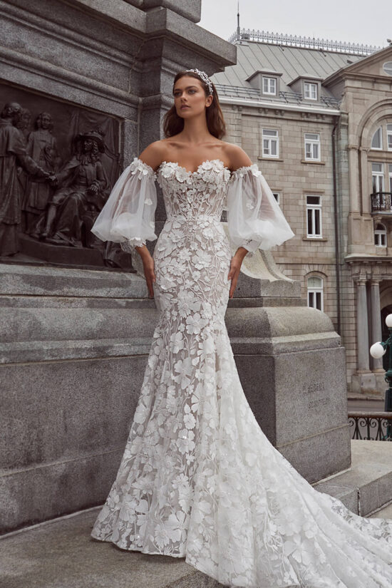 Unique strapless lace bridal dress with multiple designs